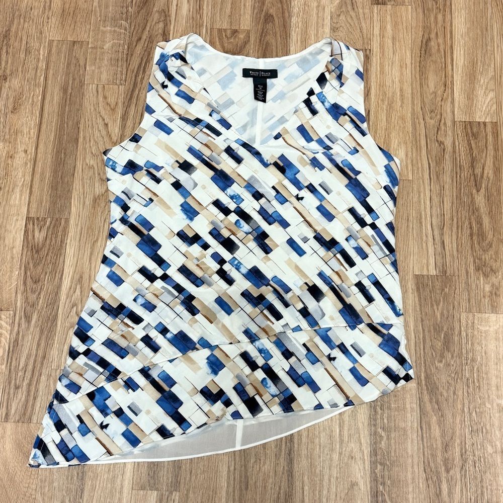 White House‎ Black Market Silk Geometric Print Asymmetrical V-Neck Blouse  M